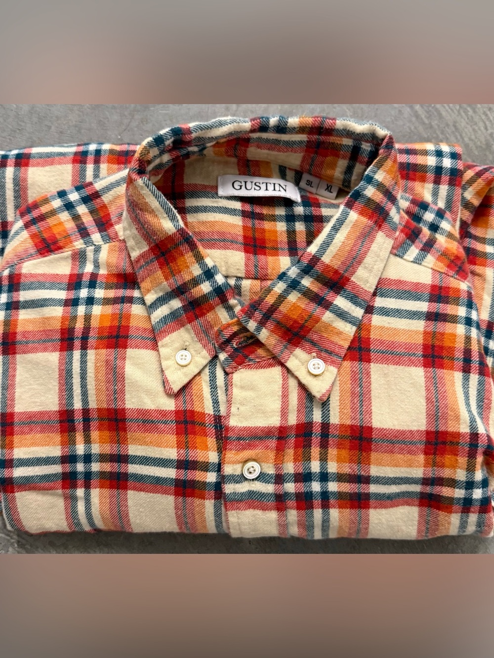 GUSTIN Cream/Orange/Red/Navy Plaid Button-Down Shirt - XL Slim - Picture 2 of 4